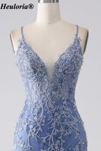 HEULORIA Dusty Blue Lace Mermaid Prom Dress with Tiered Tulle Skirt ED-346