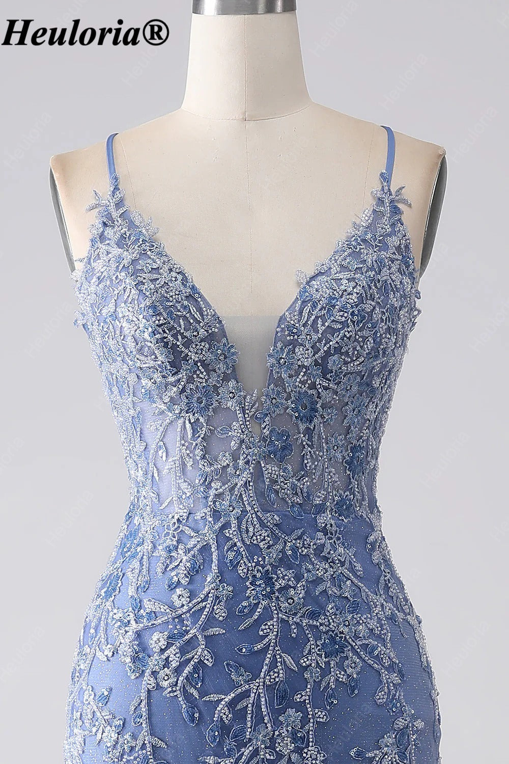 HEULORIA Dusty Blue Lace Mermaid Prom Dress with Tiered Tulle Skirt ED-346
