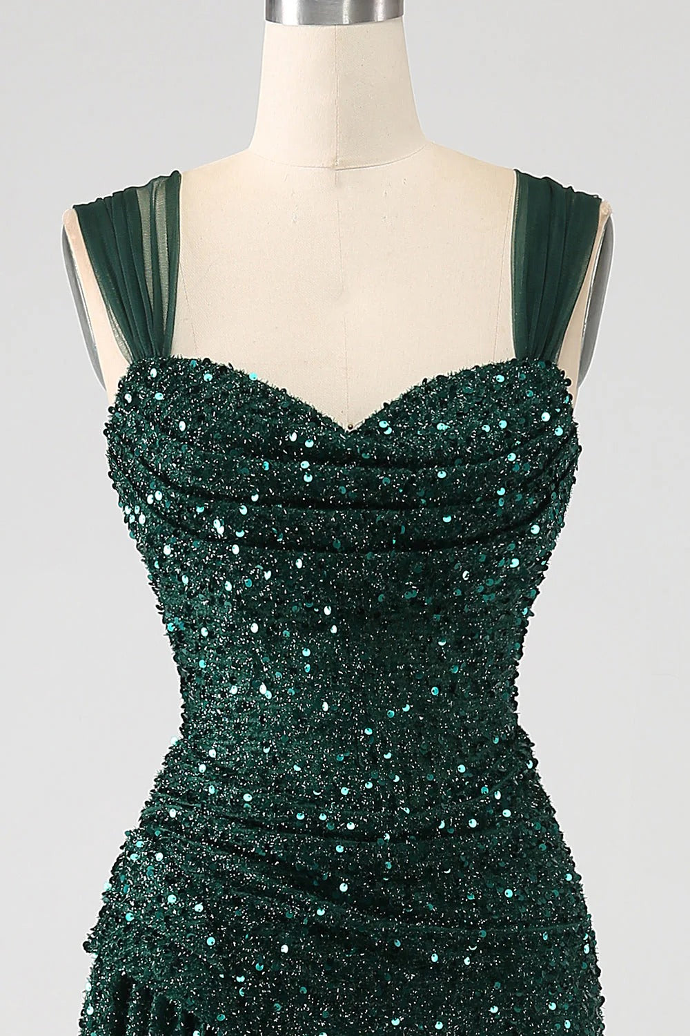 HEULORIA Glamorous Emerald Green Sequin High Slit Evening Gown with Ruched Bodice ED-373