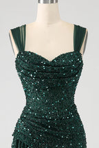 HEULORIA Glamorous Emerald Green Sequin High Slit Evening Gown with Ruched Bodice ED-373