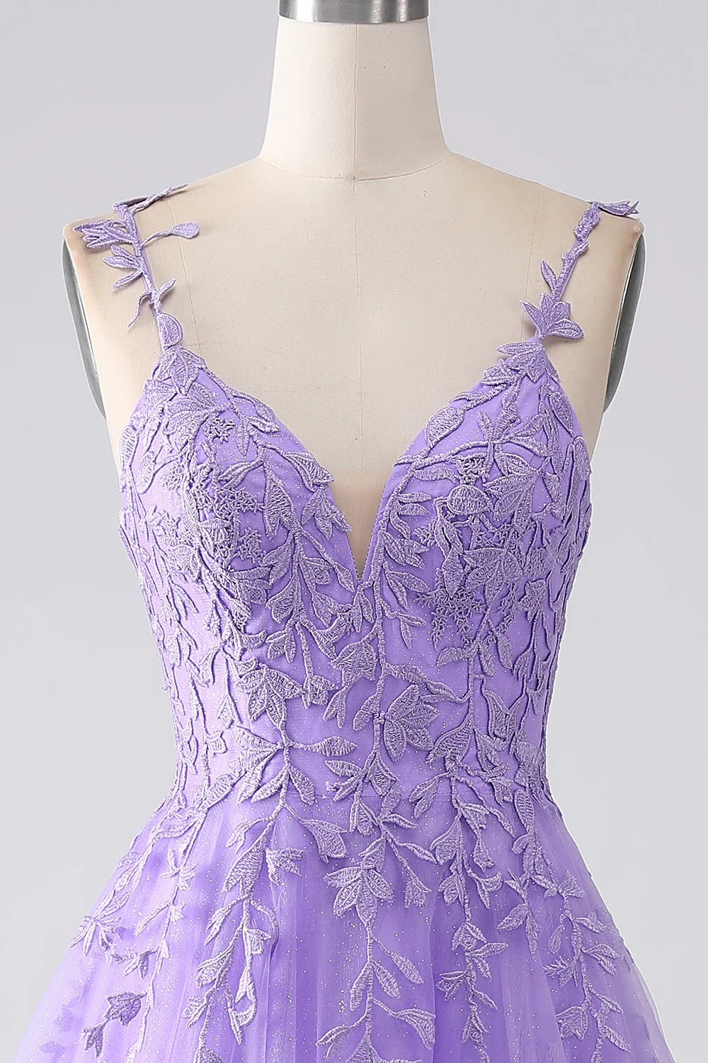 HEULORIA Sparkly Lilac V-Neck Lace Prom Dress - Leafy Embroidery Straps & Corset Back ED-372