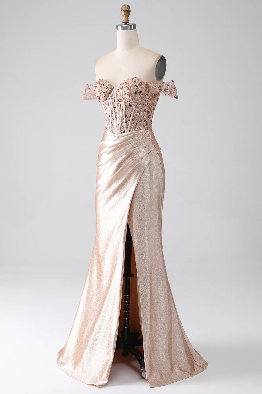 HEULORIA Off-the-Shoulder Sequin Corset High Slit Metallic Mermaid Prom Dress ED-240