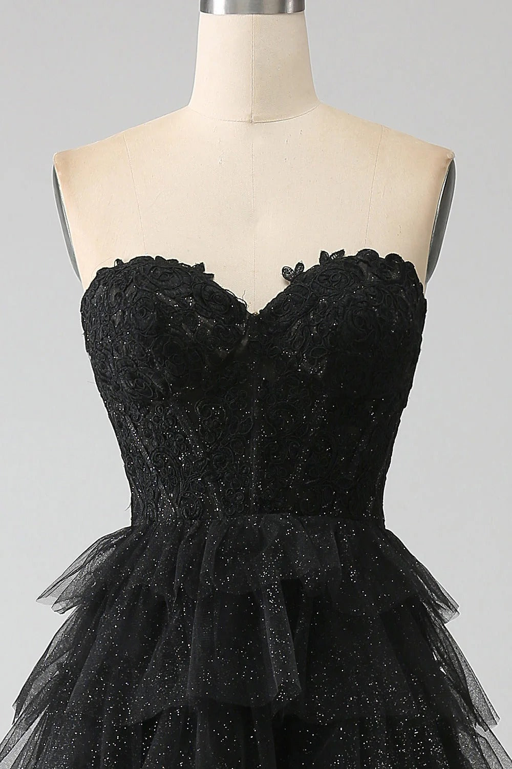 HEULORIA Sparkly Black Tiered Tulle Ball Gown - Strapless Sweetheart Evening Dress with Shimmering Lace Bodice ED-238