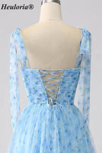 HEULORIA Ethereal Light Blue Floral Print Tiered Tulle Gown with Tie-Up Straps and Corset Back ED-659