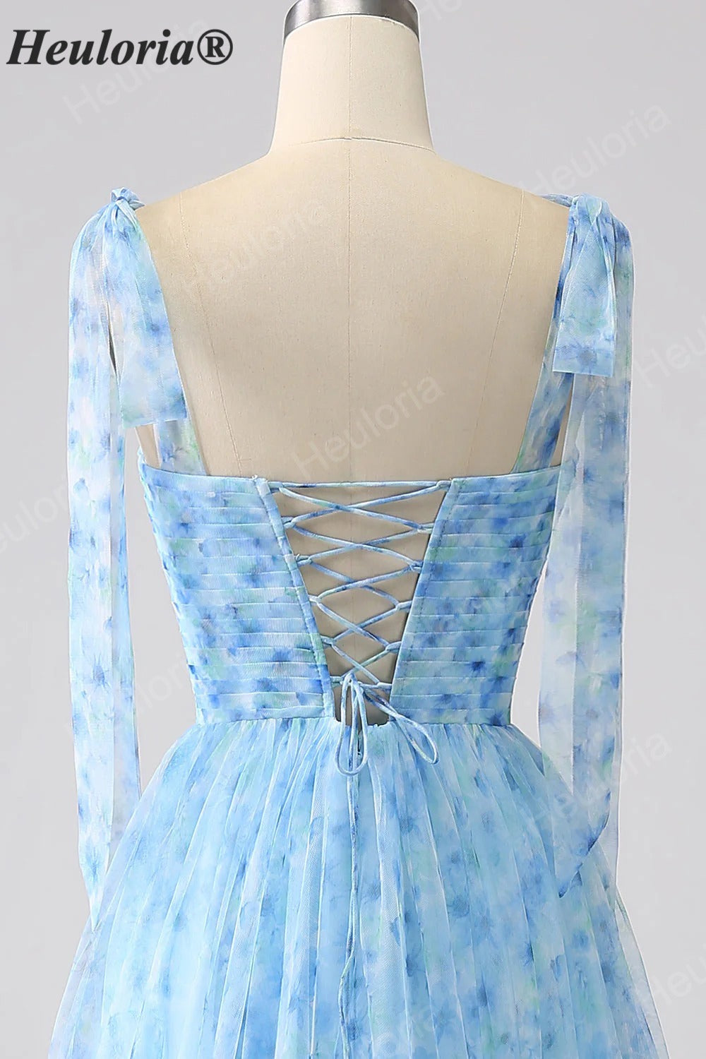 HEULORIA Ethereal Light Blue Floral Print Tiered Tulle Gown with Tie-Up Straps and Corset Back ED-659