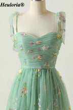 heuloria Floral Embroidered Tulle A-Line Dress with Bow Straps ed-525