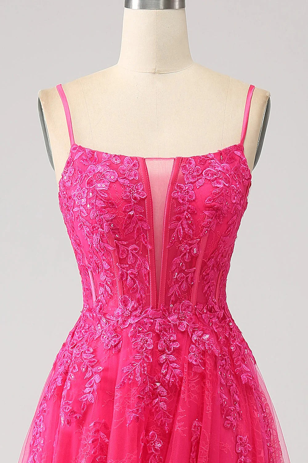 HEULORIA Vibrant Fuchsia Lace Prom Dress - Spaghetti Strap Bodice with High Slit & Corset Back ED-374