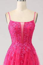 HEULORIA Vibrant Fuchsia Lace Prom Dress - Spaghetti Strap Bodice with High Slit & Corset Back ED-374