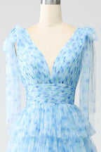 HEULORIA Ethereal Light Blue Floral Print Tiered Tulle Evening Gown with Tie-Up Shoulders ED-580