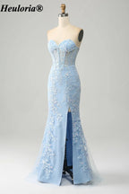 HEULORIA Strapless Sweetheart Lace Corset Prom Dress with Slit ED-369