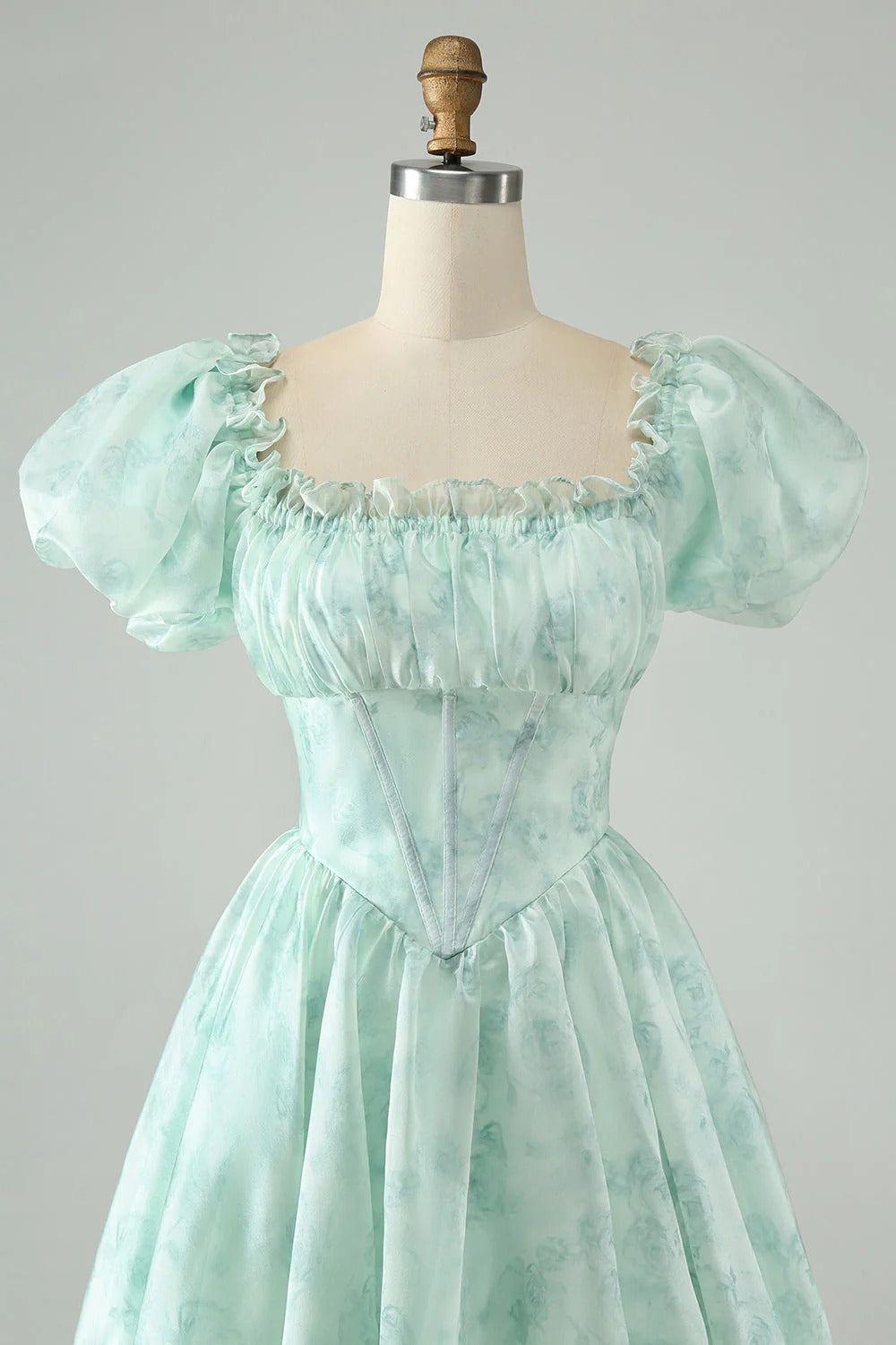 HEULORIA Romantic Floral Puff Sleeve Square Neck Mini Dress with Corset Waist ED-592