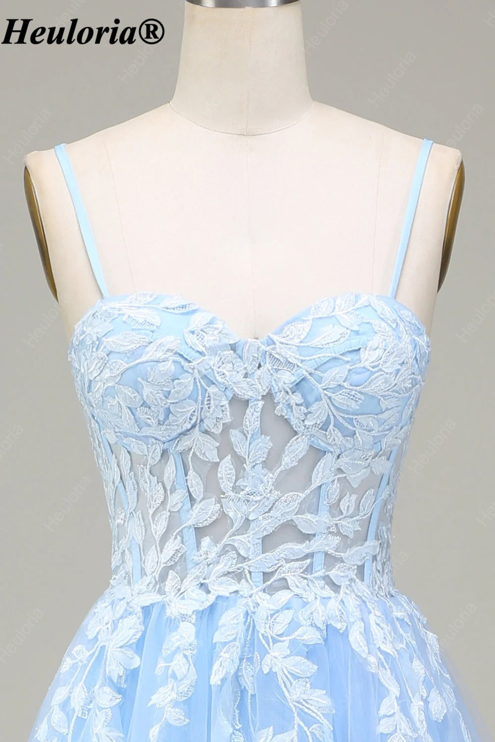 HEULORIA Sky Blue Lace Applique A-Line Tulle Prom Dress with Spaghetti Straps ED-348