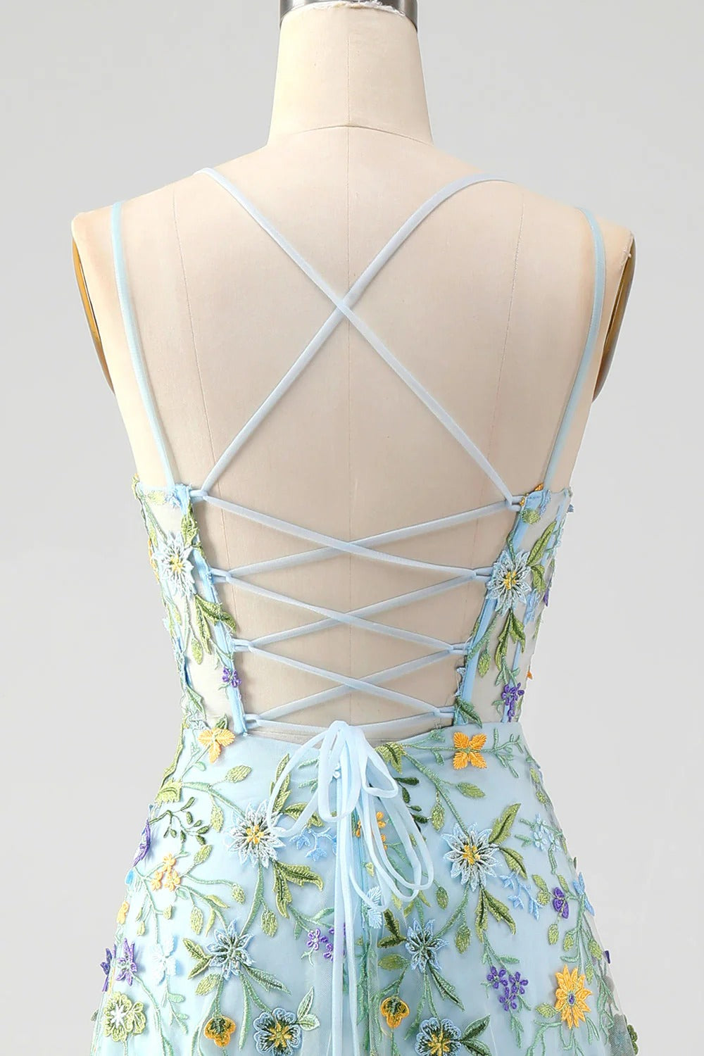 HEULORIA Enchanting Floral Embroidered Spaghetti Strap Prom Dress - Light Blue A-Line Gown with High Slit & Lace-up Back ED-591