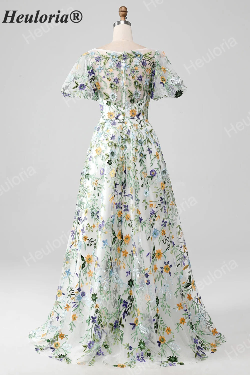 HEULORIA Enchanting Floral Embroidery Flutter Sleeve A-Line Evening Gown - Illusion Mesh Formal Dress ED-684