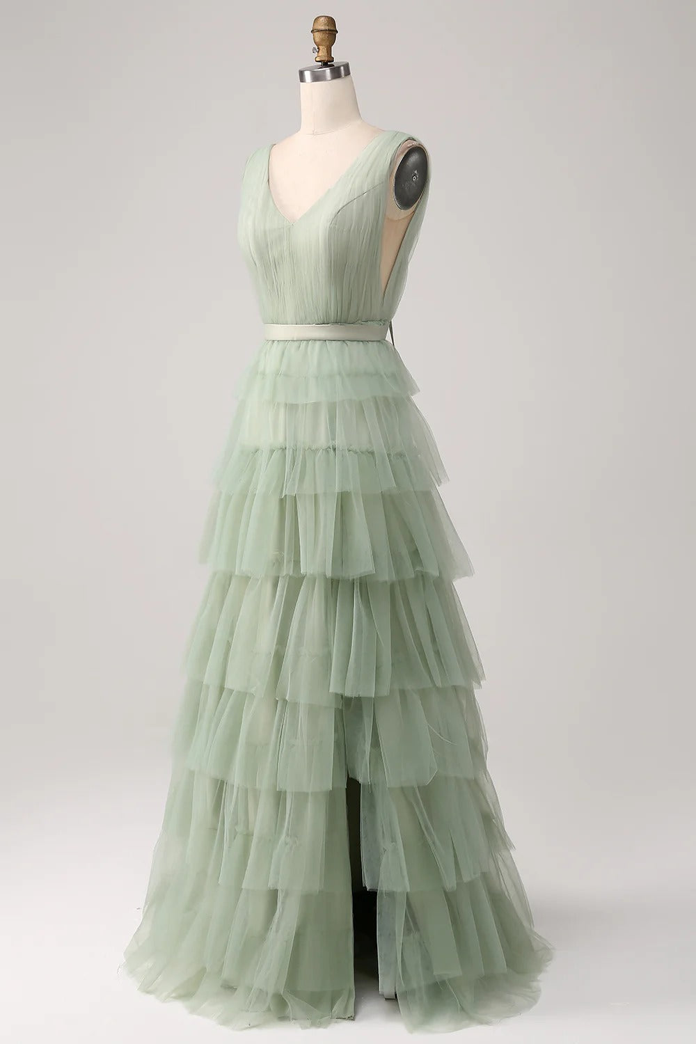 HEULORIA Sage Green Tiered Tulle V-Neck Evening Gown - Deep V-Back Formal Dress ED-267