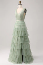 HEULORIA Sage Green Tiered Tulle V-Neck Evening Gown - Deep V-Back Formal Dress ED-267