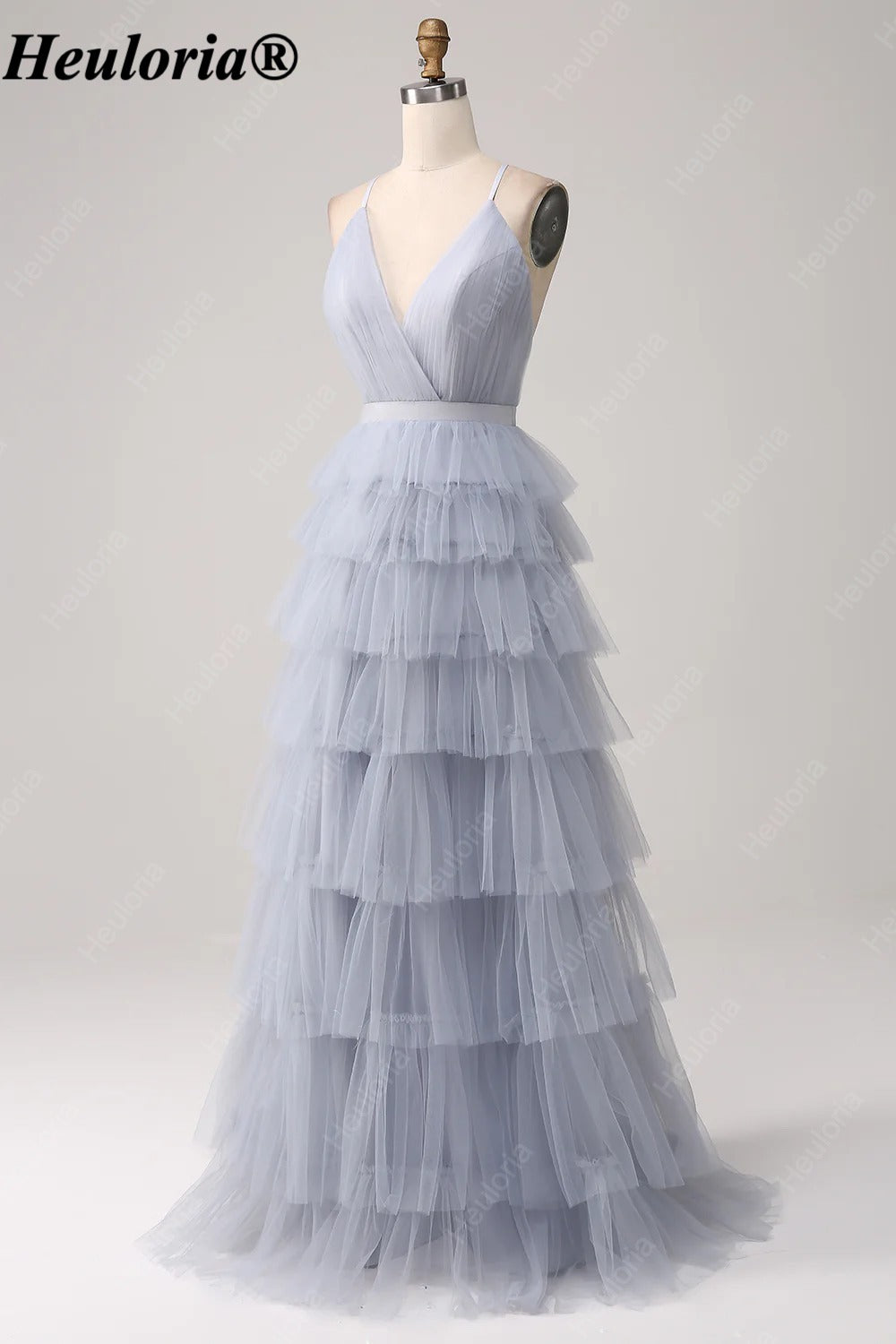 heuloria Dusty Blue V-Neck Tiered Tulle Prom Dress with Open Back ed-583