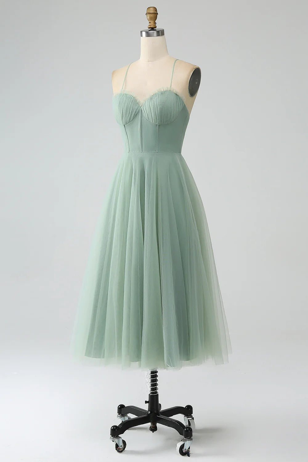 HEULORIA Sage Green Tea-Length Tulle Formal Dress - Frill Sweetheart Neckline & Corset Bodice Bridesmaid dresses ED-266
