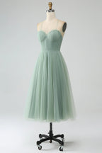 HEULORIA Sage Green Tea-Length Tulle Formal Dress - Frill Sweetheart Neckline & Corset Bodice Bridesmaid dresses ED-266