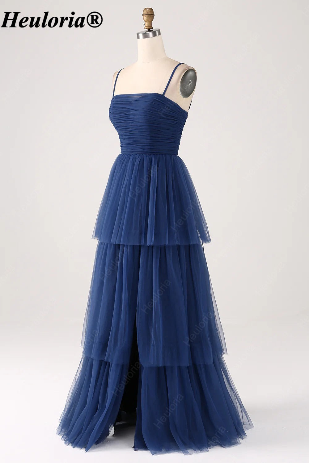 heuloria Navy Ruched Tiered Tulle A-Line Dress with Lace-Up Back-ed-548