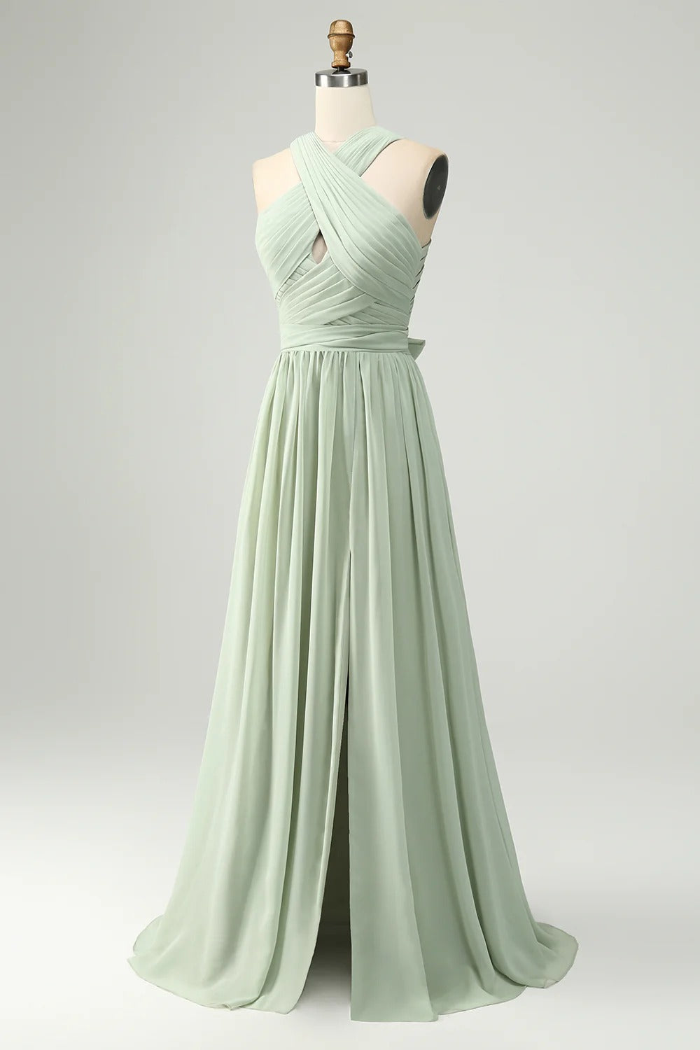 HEULORIA Dusty Sage Chiffon Criss-Cross Halter Bridesmaid Dress with Front Slit and Bow Back ED-256
