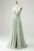 HEULORIA Dusty Sage Chiffon Criss-Cross Halter Bridesmaid Dress with Front Slit and Bow Back ED-256