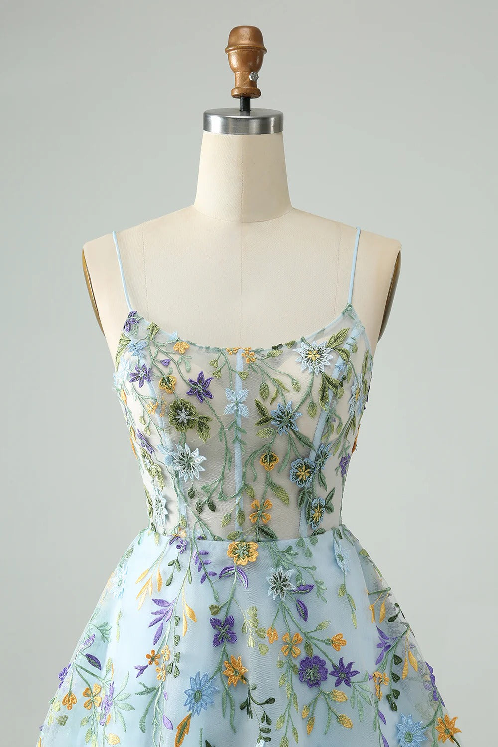 HEULORIA Enchanted Garden Sky Blue Floral Embroidered Short Homecoming Dress - Lace-up Back A-Line Mini Party Gown ED-590