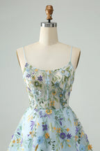 HEULORIA Enchanted Garden Sky Blue Floral Embroidered Short Homecoming Dress - Lace-up Back A-Line Mini Party Gown ED-590
