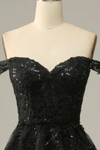 HEULORIA Off-the-Shoulder Tiered Tulle Prom Dress with Shimmering Sequins - Romantic Floor-Length Evening Gown ED-365