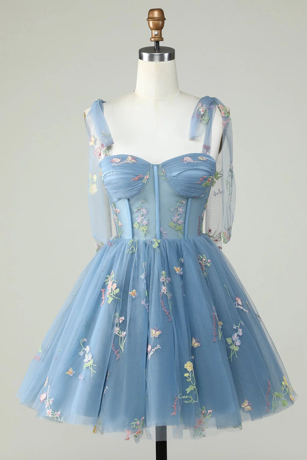 HEULORIA Floral Embroidered Tulle Mini Dress - Sweetheart Corset Bodice with Sheer Tie-Shoulder Straps ED-273