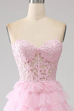 HEULORIA Enchanting Pink Tiered Ruffle Prom Dress - Sweetheart Strapless Lace-Up Ball Gown ED-355
