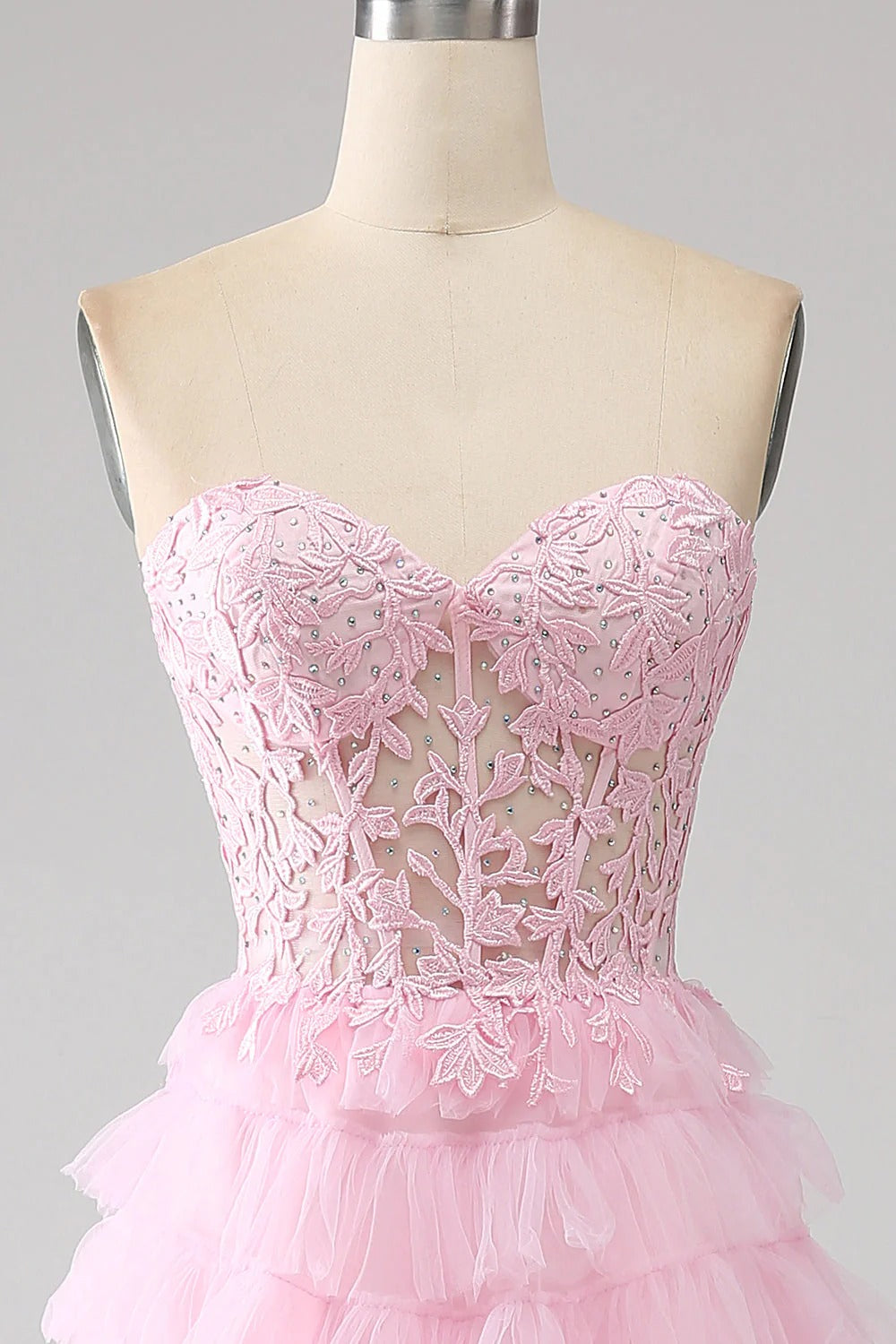 HEULORIA Enchanting Pink Tiered Ruffle Prom Dress - Sweetheart Strapless Lace-Up Ball Gown ED-355