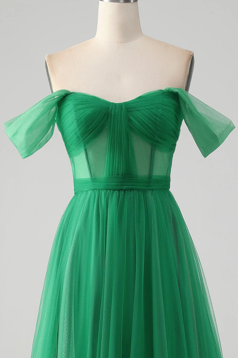 HEULORIA Emerald Green Off-the-Shoulder Tulle Gown - Corset Bodice A-Line Evening Dress ED-262