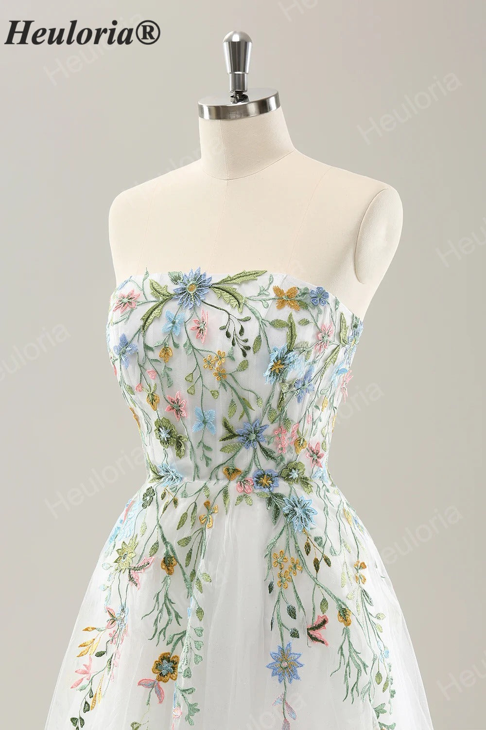 Heuloria Whimsical Colorful Floral Embroidery Strapless Wedding Dress - Romantic Tulle A-Line Bridal Gown with Corset Back ED-650
