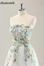 Heuloria Whimsical Colorful Floral Embroidery Strapless Wedding Dress - Romantic Tulle A-Line Bridal Gown with Corset Back ED-650