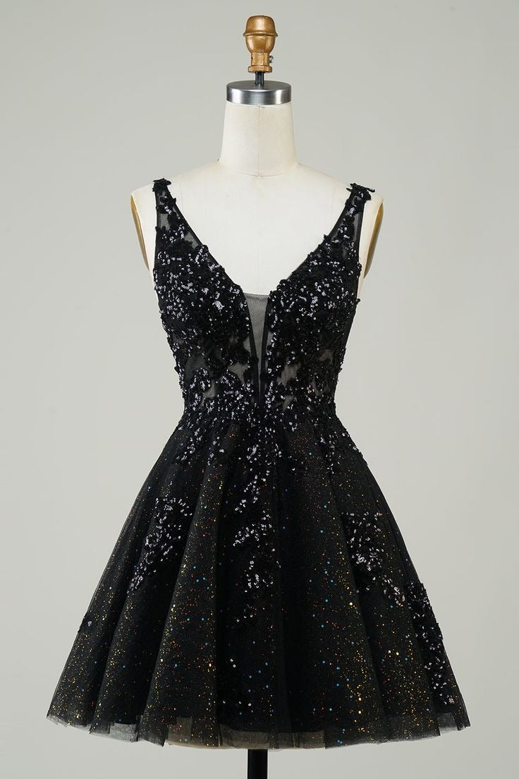 HEULORIA Sparkling V-Neck Sequined Lace Homecoming Dress - Sleeveless A-Line Short Party Gown ED-281
