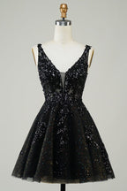 HEULORIA Sparkling V-Neck Sequined Lace Homecoming Dress - Sleeveless A-Line Short Party Gown ED-281