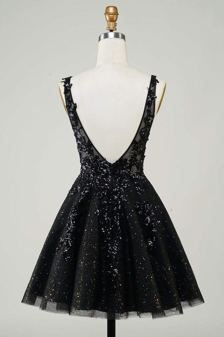 HEULORIA Sparkling V-Neck Sequined Lace Homecoming Dress - Sleeveless A-Line Short Party Gown ED-281