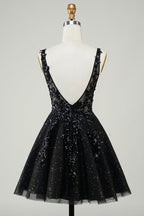 HEULORIA Sparkling V-Neck Sequined Lace Homecoming Dress - Sleeveless A-Line Short Party Gown ED-281