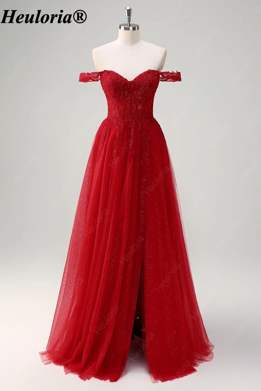 HEULORIA Red Off-the-Shoulder Lace Corset A-Line Tulle Prom Dress ED-351