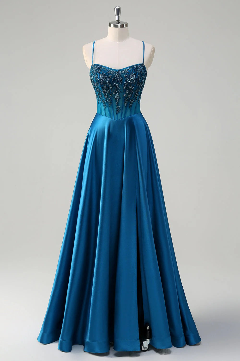 HEULORIA Luxurious Peacock Blue Beaded Evening Gown: Illusion Corset Bodice A-Line Satin Prom Dress with Lace-up Back ED-370