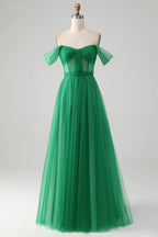 HEULORIA Emerald Green Off-the-Shoulder Tulle Gown - Corset Bodice A-Line Evening Dress ED-262