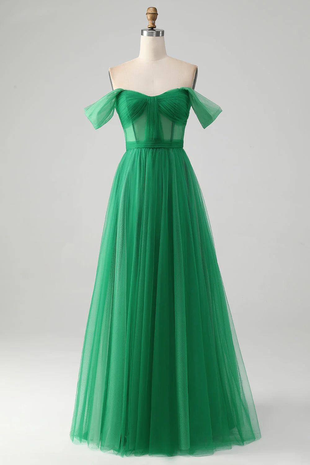 HEULORIA Emerald Green Off-the-Shoulder Tulle Gown - Corset Bodice A-Line Evening Dress ED-262