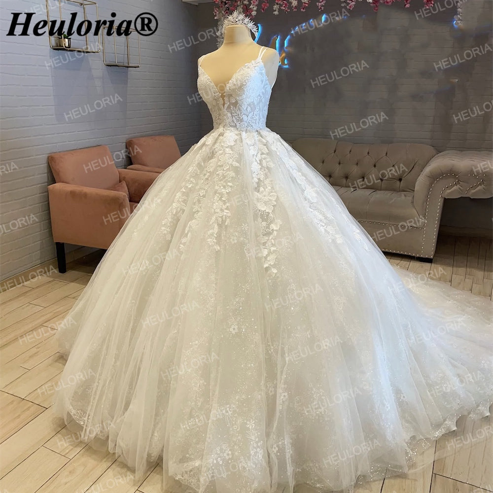 Luxury Glitter Lace A-Line Wedding Dress with Deep V-Neck AL-243