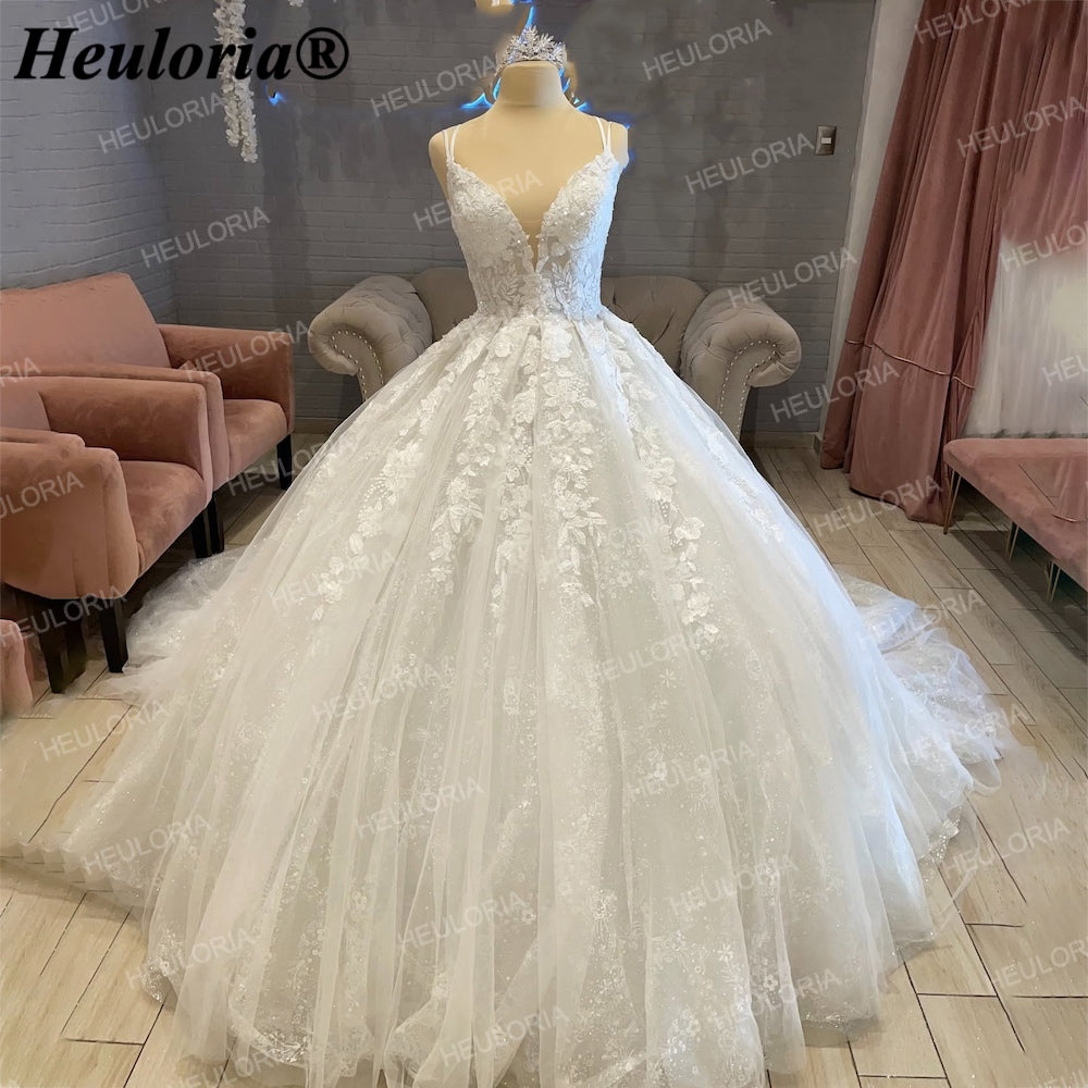 Luxury Glitter Lace A-Line Wedding Dress with Deep V-Neck AL-243