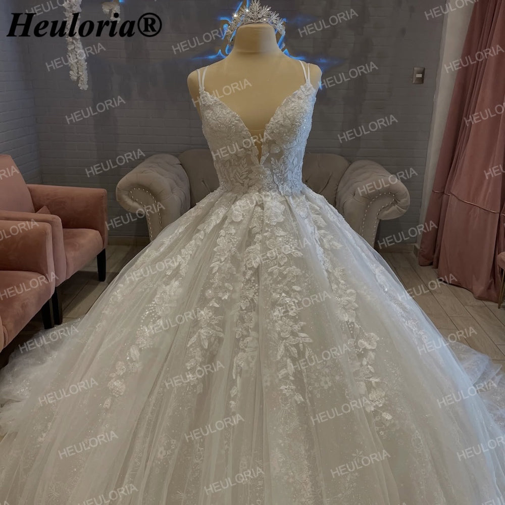 Luxury Glitter Lace A-Line Wedding Dress with Deep V-Neck AL-243