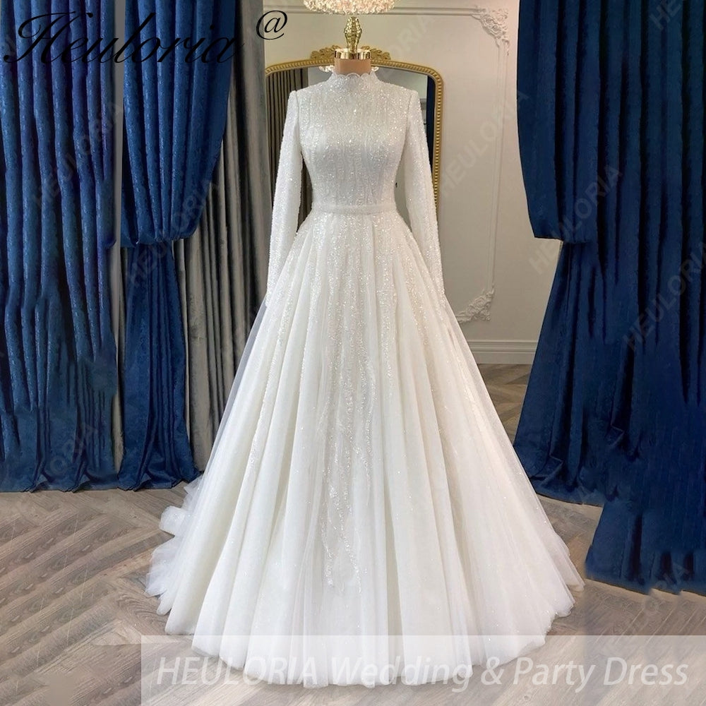 HEULORIA Shimmering Sequin High-Neck Long Sleeve Wedding Dress - Elegant A-Line Bridal Gown with Cathedral Train muslim wedding dress  BA-1203