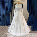 HEULORIA Shimmering Sequin High-Neck Long Sleeve Wedding Dress - Elegant A-Line Bridal Gown with Cathedral Train muslim wedding dress  BA-1203