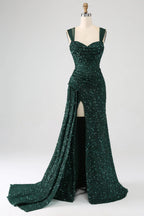 HEULORIA Glamorous Emerald Green Sequin High Slit Evening Gown with Ruched Bodice ED-373