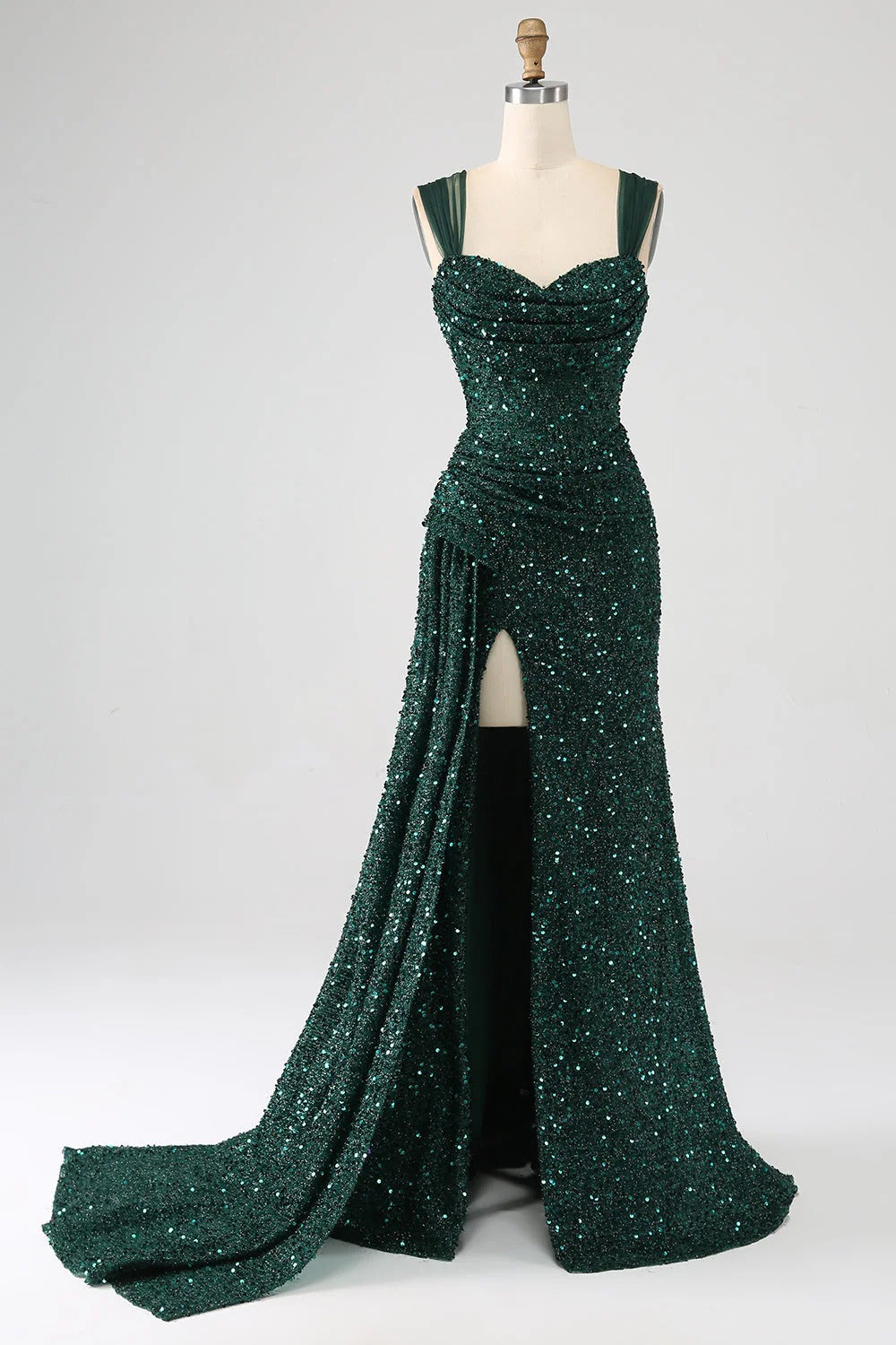 HEULORIA Glamorous Emerald Green Sequin High Slit Evening Gown with Ruched Bodice ED-373